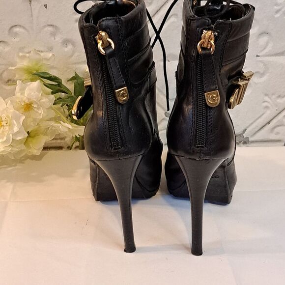 Guess Bieninda Black Leather Peep Toe High Heel Boots Buckle Details 7.5 M - Picture 9 of 15